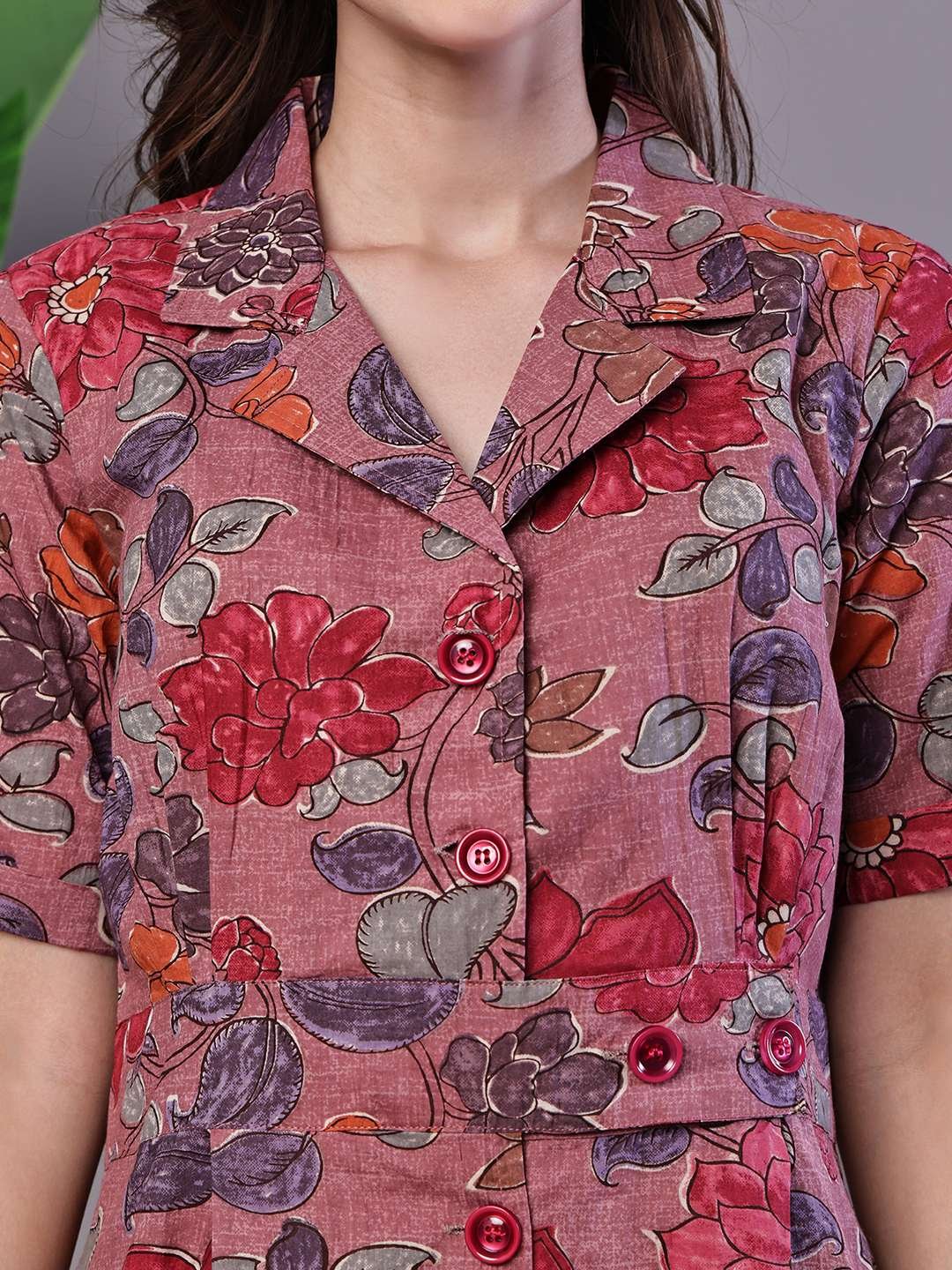 Women's Pink Floral Cotton Pleated Midi Dress with Collar - Image 5