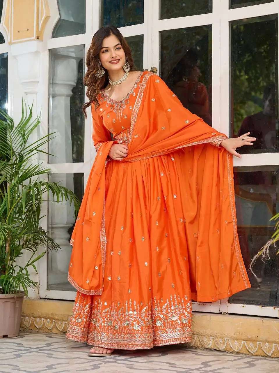 Women's American Silk Sequence Embroidery Long Anarkali Kurti (Gown) With Dupatta - Image 4