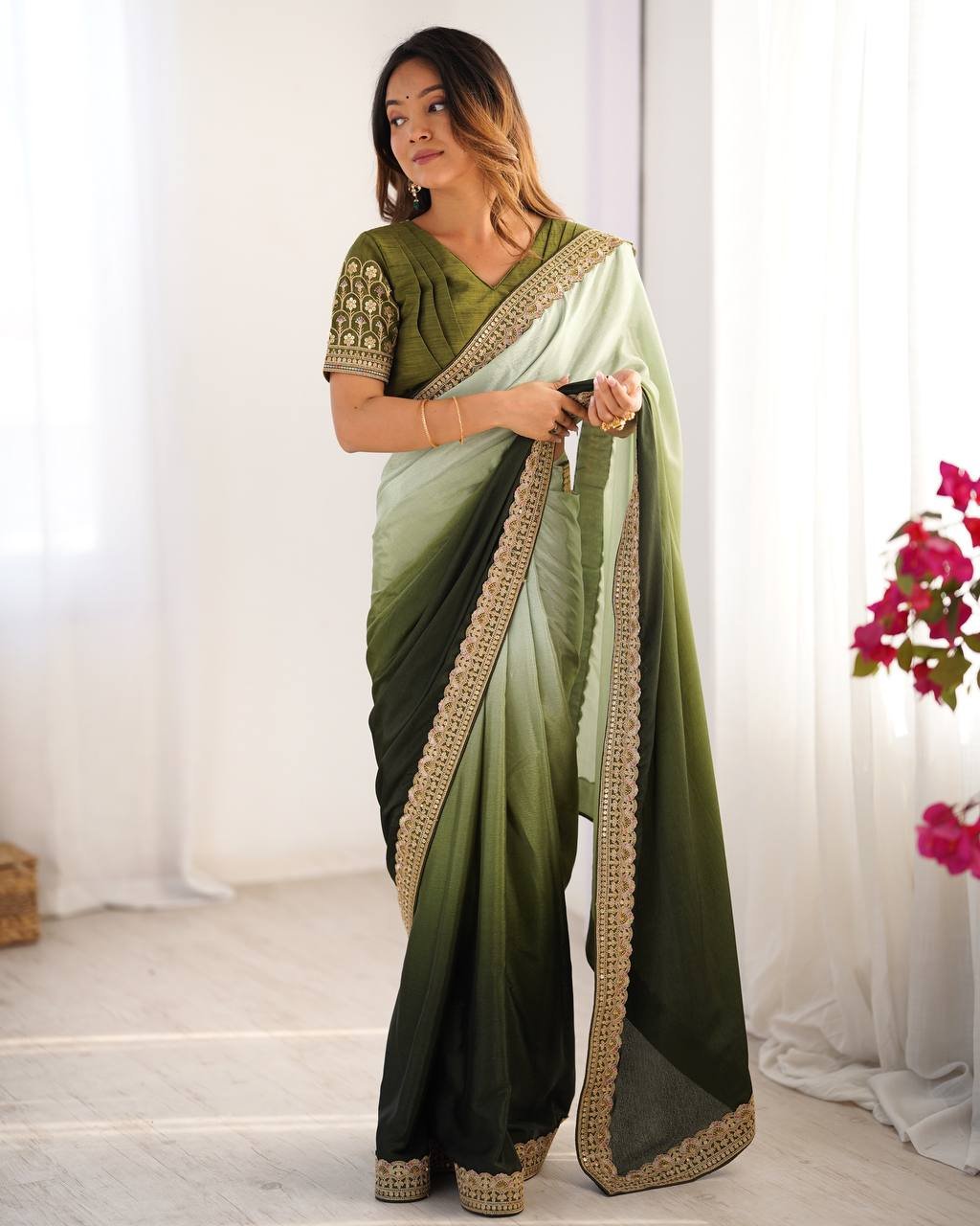 Women's Elegant Ombre Green Georgette Saree with Intricate Golden Zari & Stone Embellishments – Complete with Heavily Worked Blouse for Festive & Wedding Wear - Image 29