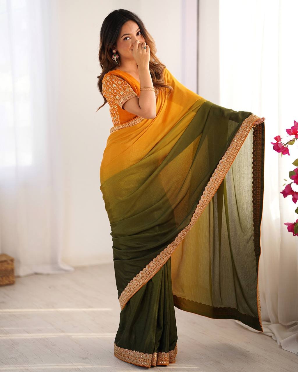 Women's Elegant Ombre Green Georgette Saree with Intricate Golden Zari & Stone Embellishments – Complete with Heavily Worked Blouse for Festive & Wedding Wear - Image 17