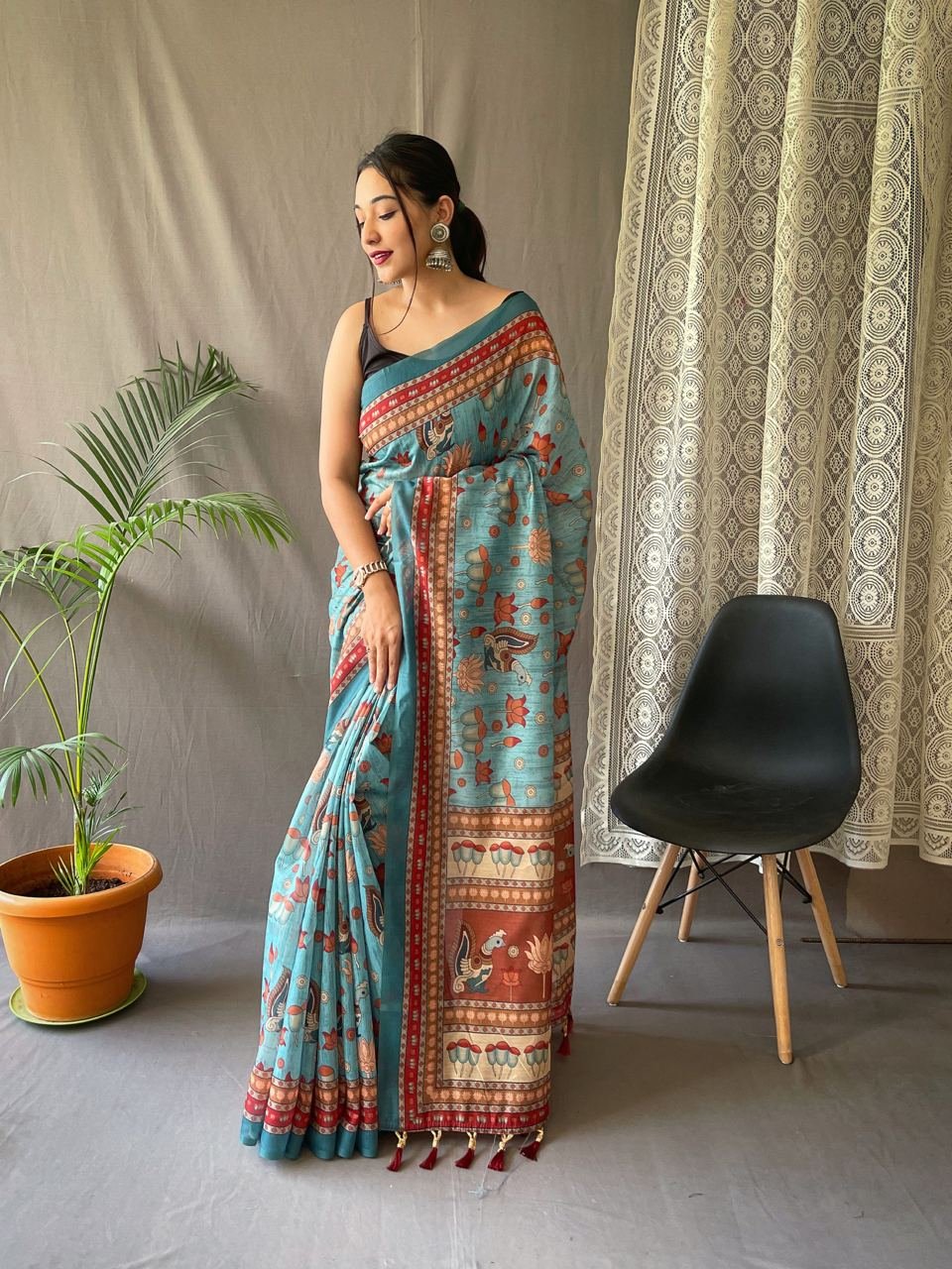Women's Artistic Terracotta Orange Linen Saree with Kalamkari Inspired Print & Tassel Detailing – Perfect for Casual Festivities & Cultural Events - Image 11