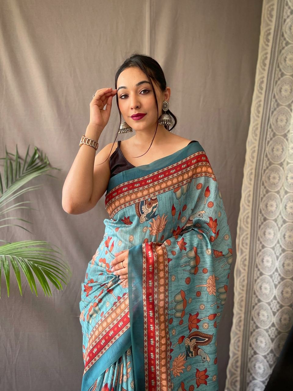 Women's Artistic Terracotta Orange Linen Saree with Kalamkari Inspired Print & Tassel Detailing – Perfect for Casual Festivities & Cultural Events - Image 13