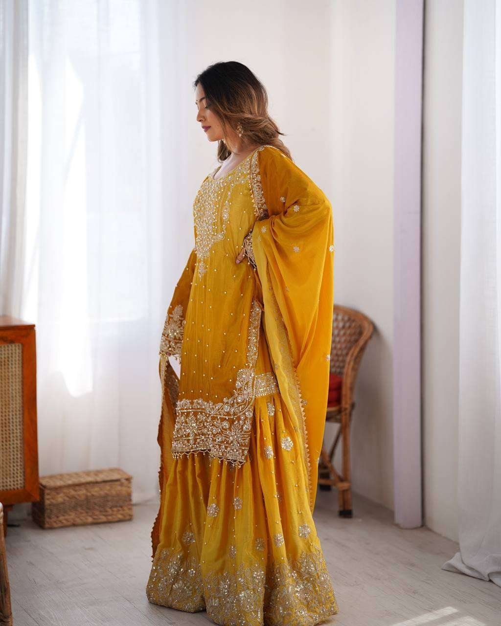 Women's Chinon Silk Sequence With Rivet Moti Work Straight Kurta With Sharara and Dupatta Set - Image 38